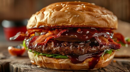 Wall Mural - A close-up shot of a gourmet hamburger on rustic wood, oozing with flavorful sauce and adorned with crispy bacon