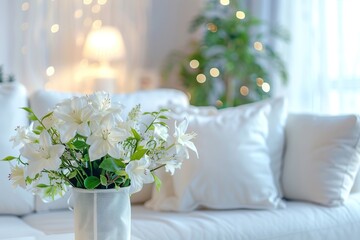 Sticker - Interior of modern room with comfortable sofa. Blurred Modern white living room interior with sofa, furniture and flowers