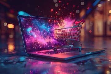 A shopping cart graphic on laptop, ecommerce concept, modern and sleek, detailed illustration, vibrant colors, online retail