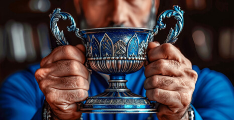 person holding an ornate trophy cup with both hands, showing determination. background is slightly b