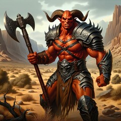 An aggressive demon stands ready for battle in the desert. His horns add to his menacing appearance. His eyes burn with intense determination and fury, ready to strike. Demon. Devil. Generative AI