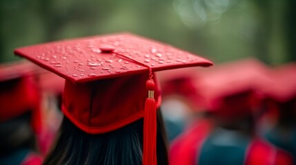 Vibrant graduation cap adorned with water droplets, symbolizing achievement and celebration amidst academic success.