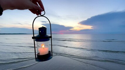 Sticker - romantic candle lamp on the sunset beach