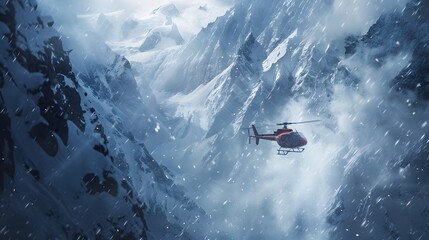 A rescue helicopter, dwarfed by towering mountains, descends into a narrow valley, its rotor blades stirring up clouds of snow as it races to reach a stranded climber.