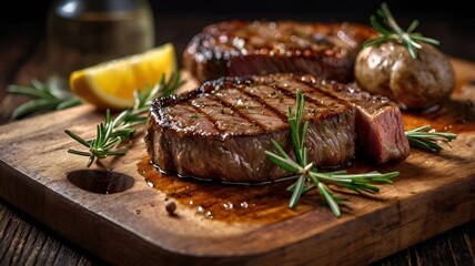 Wall Mural - blurred background, grilled meat, steak, crispy on the outside. Cut into pieces and the meat inside is not yet cooked. There's runny water coming out. Garnish with rosemary. Placed in an old wooden cu