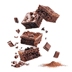 Wall Mural - Pieces of chocolate brownies floating or falling in mid air, isolated on transparent background