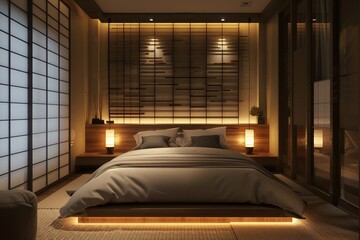 Sticker - Japandi style bedroom with tatami mat and wooden accents illuminated by soft lights