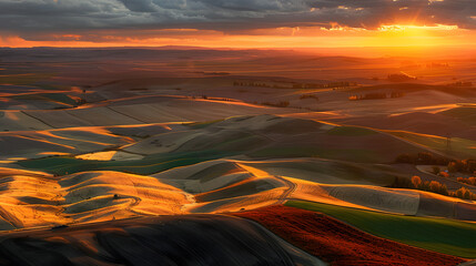 Wall Mural - Sunset aerial view over Palouse Hills with farmland in autumn season.