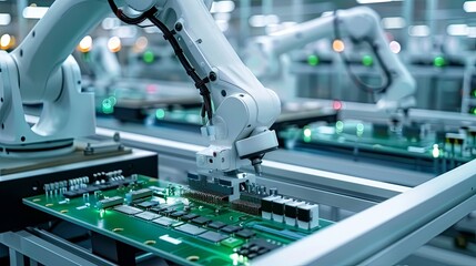 Advanced High Precision Robot Arms inside Bright Electronics Factory. Fully Automated Modern PCB Assembly Line. Electronic Devices Production Industry. Quality Control of Circuit Board