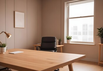 Modern home with empty desk, lamp, light and window. lofty, soft lighting. 
