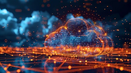 A creative 3D illustration of a cloud with binary code flowing through it, connected to a network of devices, symbolizing data transfer and cloud technology.