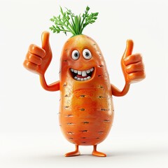 3D bell Carrot mascot, smiling, showing thumb's up, with two legs, isolated on white