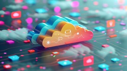 Wall Mural - A creative 3D illustration of a digital cloud with various data icons floating around it, depicting data management.