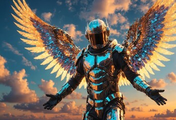 A futuristic warrior with wings flying in the sky, wearing a suit of armor and a helmet with a visor.
