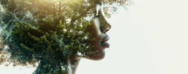 Double exposure of a man s profile with a lush forest, isolated on white, symbolizing peace and harmony with nature, copy space