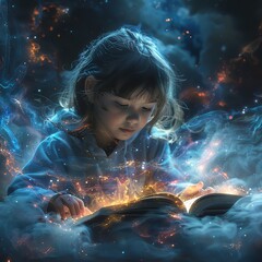 A child reading a storybook alone, with holographic adventures unfolding around them. Fantasy style, bright colors, high detail.