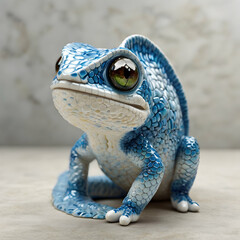 Playful Porcelain Breach: A photorealistic image captures a whimsical scene. A 3D cartoon baby chameleon, with bright blue eyes sparkling with curiosity, breaches the smooth surface of a pristine whit