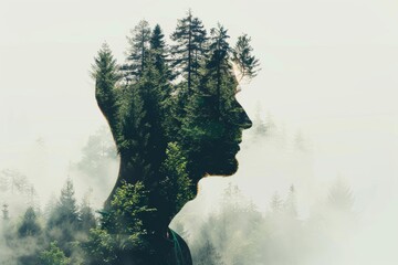 Man s profile blended with peaceful forest imagery, double exposure, isolated on white, symbolizing harmony and unity with nature, copy space