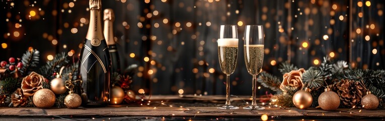 New Year's Eve Celebration with Champagne, Fireworks and Toasting Glasses on Black Wooden Wall Panorama Banner