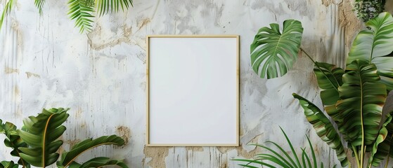 Wall Mural - White picture frame, Blank frame, Wooden frame, Textured wall, Interior design, Architectural detail, Rainforest plants, Greenery, White wall, Frame mockup, Modern decor, Minimalist design, Natural el