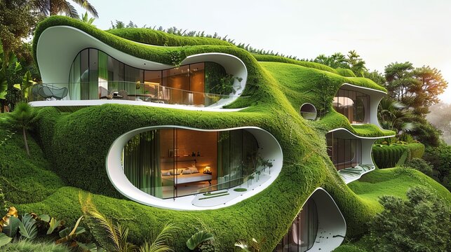 Modern green architecture home with lush vegetation.