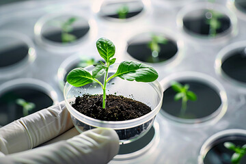 Wall Mural - plant seedling in research lab held by hand in gloves. concept for biotechnology and genetic modific