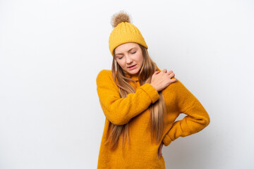 Young caucasian woman wearing winter jacket isolated on white background suffering from pain in shoulder for having made an effort