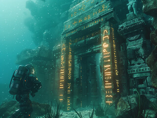 Wall Mural - Exploration of Lost Civilization: Deep-Sea Diver Discovers Underwater City with Glowing Hieroglyphs