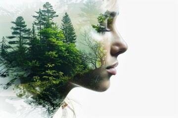 Woman s face merged with peaceful forest imagery, double exposure, isolated on white, representing inner peace and nature s bond, copy space