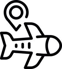 Wall Mural - Black and white line art icon of an airplane with an integrated location pin, symbolizing travel and navigation