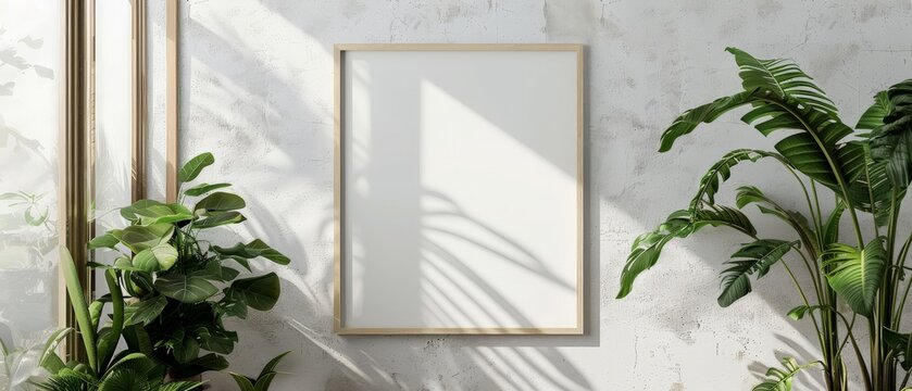 White picture frame, Blank frame, Wooden frame, Textured wall, Interior design, Architectural detail, Rainforest plants, Greenery, White wall, Frame mockup, Modern decor, Minimalist design, Natural el