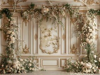 Wall Mural - elegant and luxurious interior space. The walls are covered with intricate white flower patterns and large floral arrangements