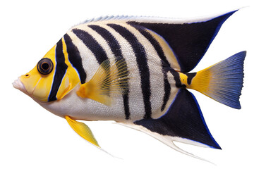 A tropical Sergeant Major fish isolated on a transparent, white background in png format, showcasing vivid patterns