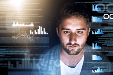 Man, web developer and overlay with graph, coding and stats for app development, reporting and chart software. Male person, programmer and data analytics with insight for ecommerce growth information