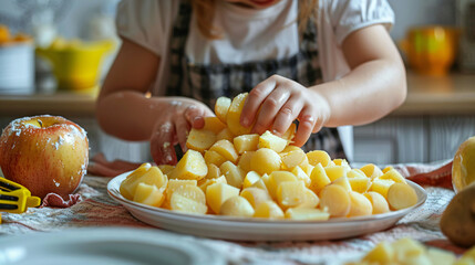 Children preparing food with apple and potato slices. Close-up photography for Montessori child development concept