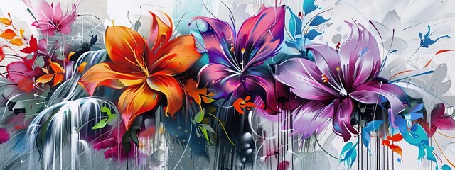 Canvas Print - Graffiti style colorful floral painting on white background. The flowers are arranged in such a way that they seem to grow outside the wall.