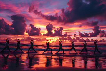 Wall Mural - A beautiful sunset yoga session on the beach, people in silhouette performing yoga poses, vibrant sky colors, and a peaceful vibe