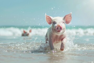 A cute little piglet is running in the shallow water at the beach.