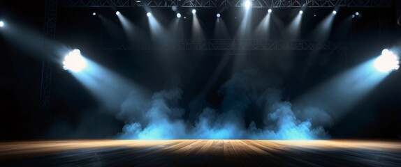 Wall Mural - Illuminated stage with scenic lights and smoke. Blue vector spotlight with smoke volume light effect on black background. Stadium cloudiness projector