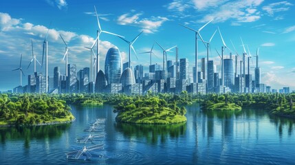 A futuristic mega-city powered by renewable energy, with towering wind turbines and solar panels dotting the skyline generated by AI