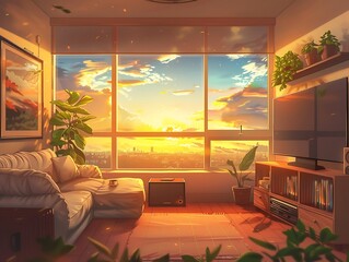 A couch in a room with a window and plants background