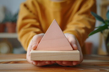 Child holding a pink triangular wooden block on a wooden base. Indoor photography. Montessori educational content for geometric shape recognition