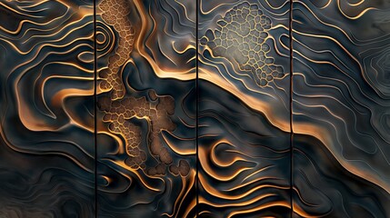 Abstract black and gold wall art featuring a textured surface with wavy lines and a honeycomb pattern