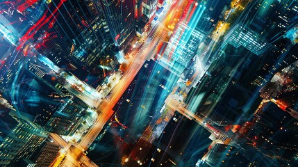 Wall Mural - Aerial view of a city intersection at night with light trails from traffic.