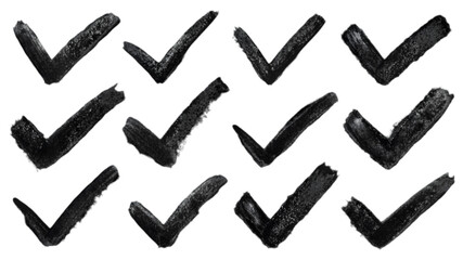 Set of Black Grunge Stroke Check Marks, Isolated on White Background, Ideal for Graphic Design and Creative Projects	