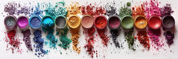 Poster - An assortment of colorful makeup pigments and powders in small jars, artistically arranged on a white surface. Generative AI