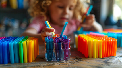 Children engaging in sorting activities with colorful straws. Close-up photography for Montessori child development and educational concept