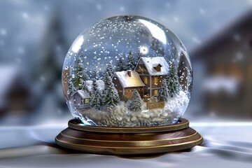 snow globe with a house in it and a snow covered ground with trees