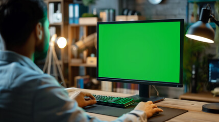  Indian office employee is working at a desktop computer with a mockup green screen. advertising work as a programmer, web developer, tester, Data Scientist