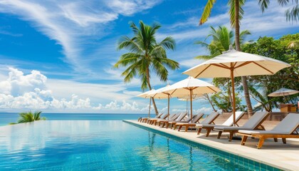 Wall Mural - Luxury beach resort hotel swimming pool, seaside vacation landscape with palm trees and beach chairs